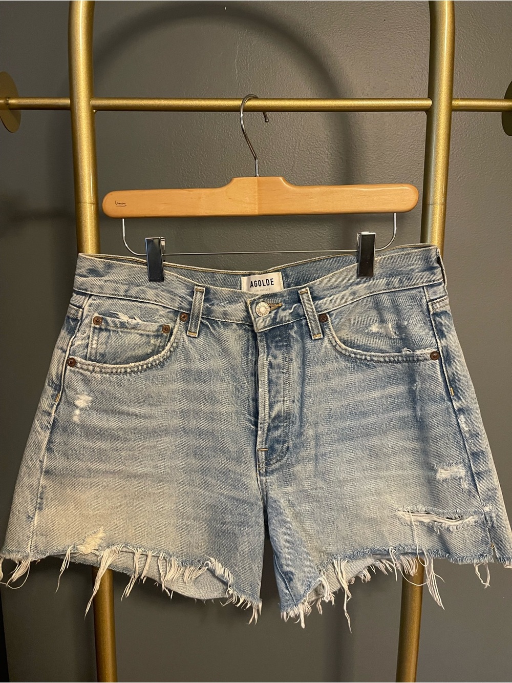 AGOLDE Parker Long Light Blue Distressed Denim Shorts in Swapmeet